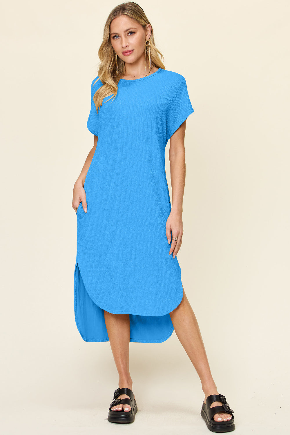 Double Take Full Size Round Neck Short Sleeve Slit Dress Stylish & Comfortable Casual Dress by Stevvex