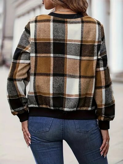 Plus Vintage Size Plaid Baseball Collar Zip-Up Jacket Trendy & Comfortable Outerwear for Any Occasion by Stevvex