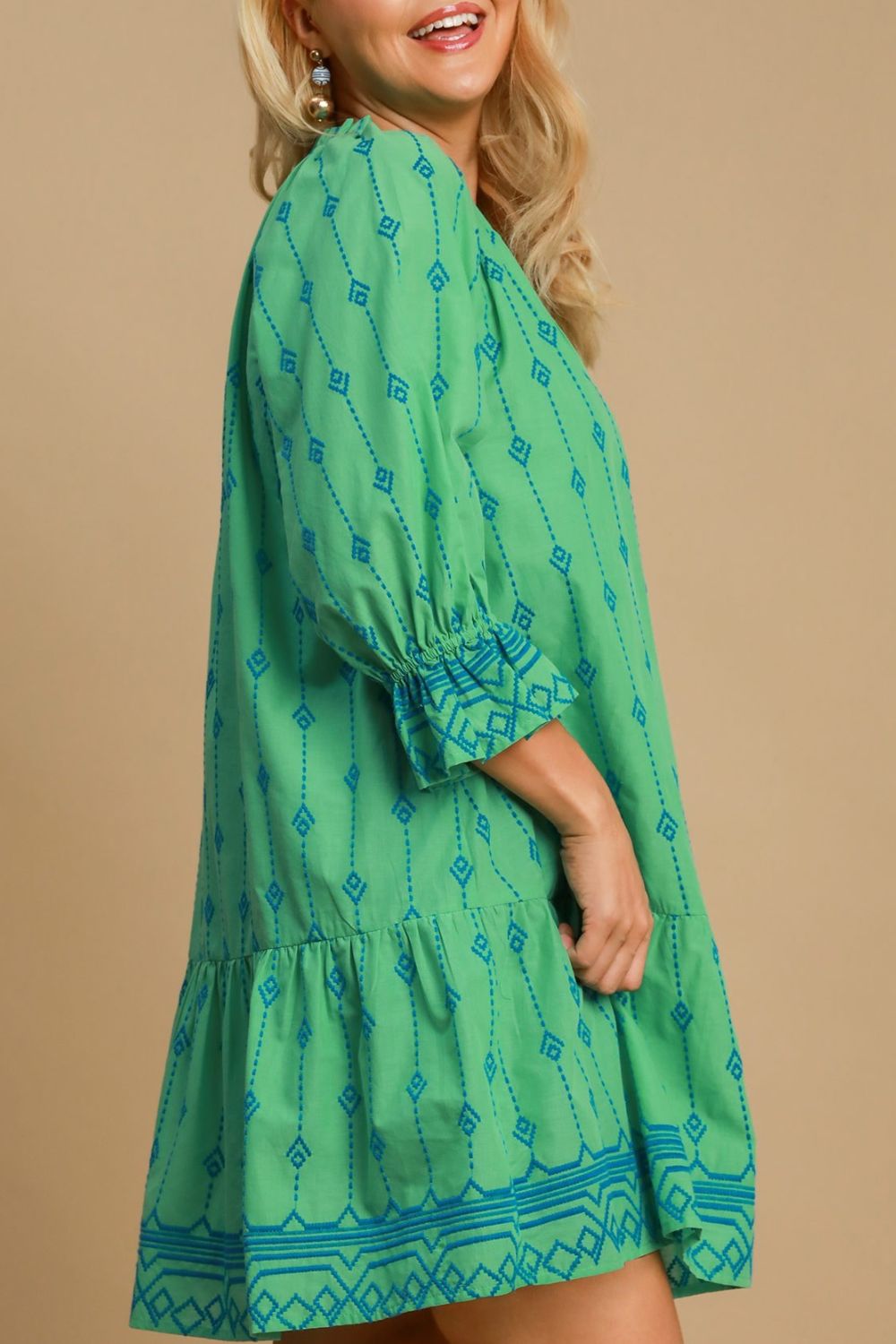 Full Size Tassel Embroidered Sleeve Mini Dress Plus Size Feminine & Stylish Green Dress by Stevvex