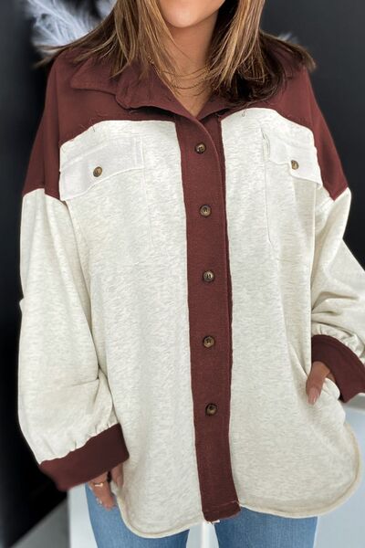 Unique Contrast Collared Pocketed Jacket with Button-Up Closure Modern Women Jacket by Stevvex