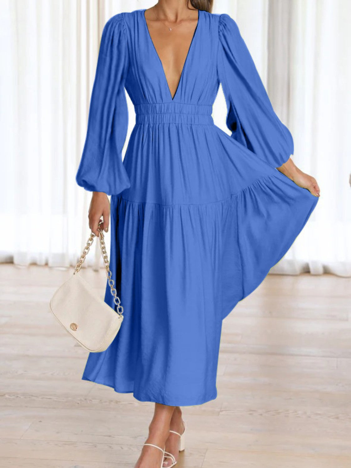 Lightweight Deep V-Neck Balloon Sleeve Maxi Dress Elegant & Flowing Silhouette Unique Dress by Stevvex