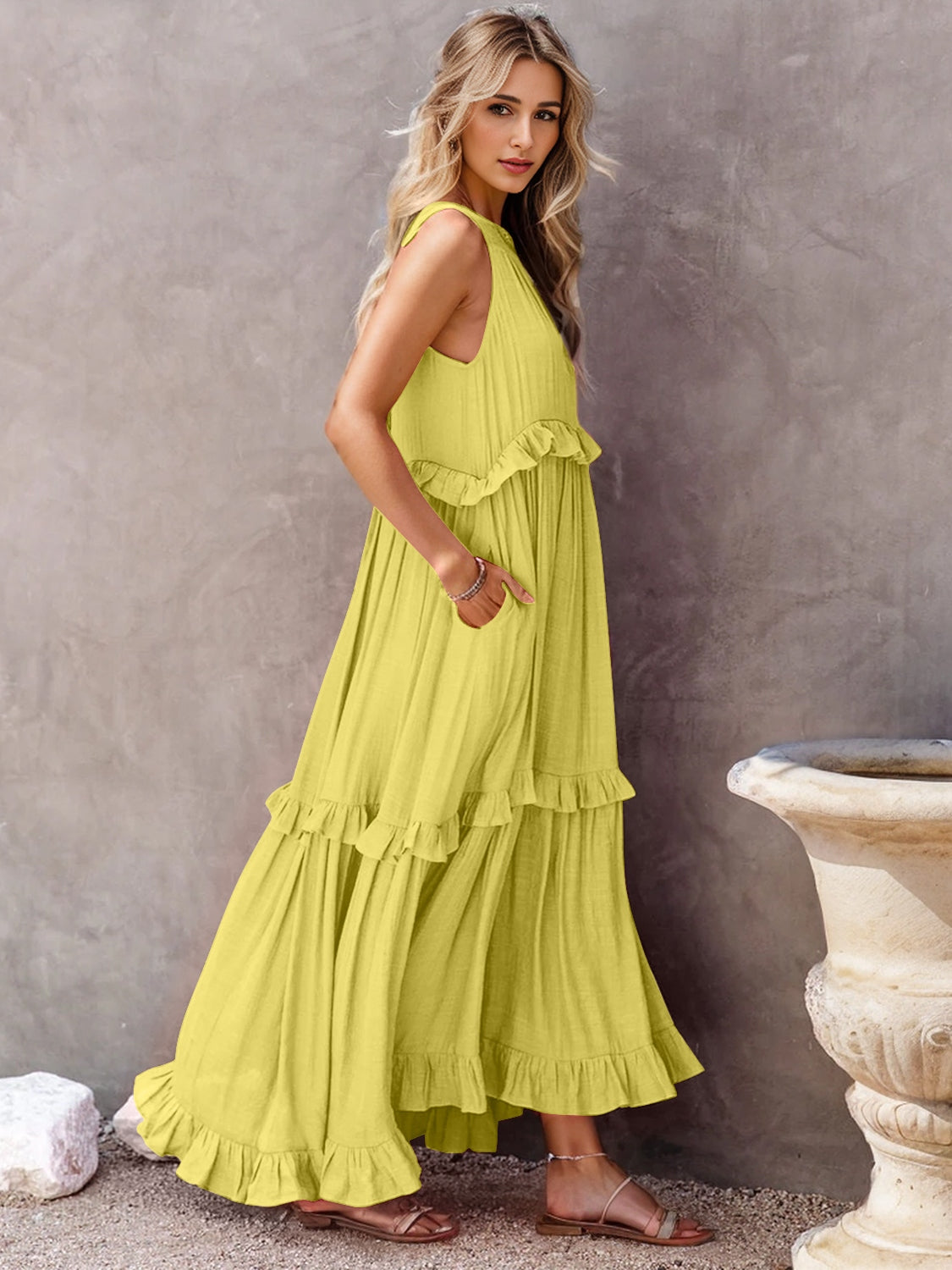 Romantic Ruffled Sleeveless Tiered Maxi Dress with Pockets Elegant & Chic Statement Beautiful Design Dress by Stevvex