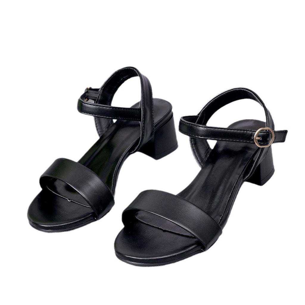 Women Genuine Leather Sandals Low Heel Buckle Strap Ladies Open Toe Black Decoration Summer Leather Open Toe And Ankle Strap Buckle Flat Sandals Casual Beach Shoes