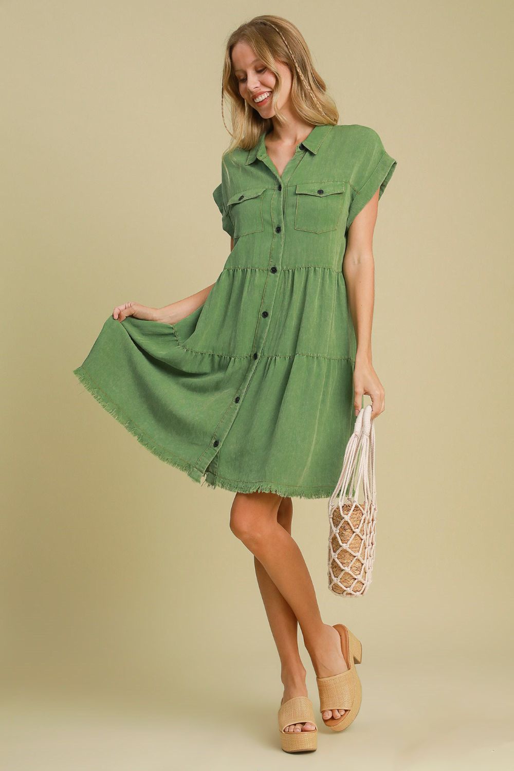 Green Full Size Button-Down Shirt Dress Plus Size Casual & Simple Lightweight Dress by Stevvex