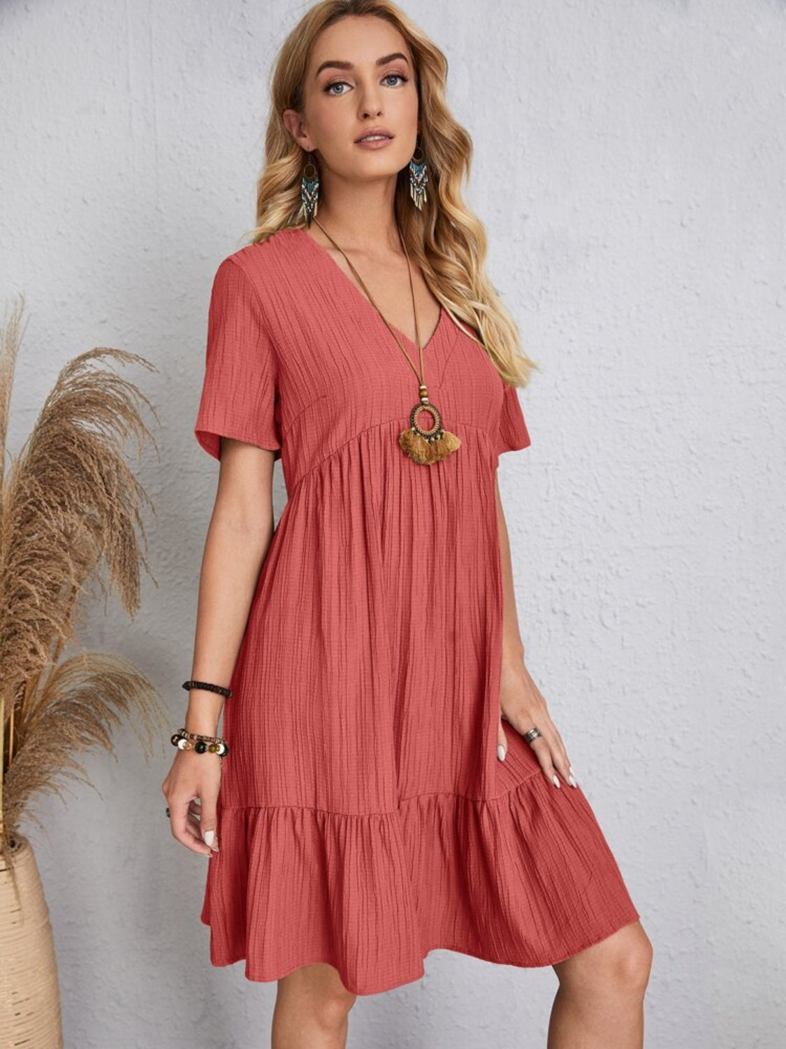 Classic Full Size V-Neck Short Sleeve Dress Casual & Comfortable Dress for Women by Stevvex