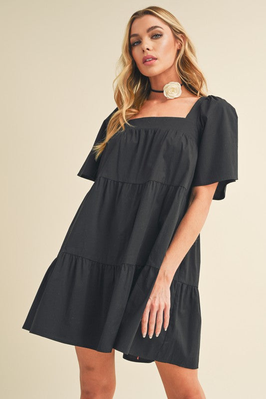 Square Neck Half Sleeve Tiered Summer Dress For Women–Elegant & Flattering with Ruched Detail & Chic Tiered Design by Stevvex