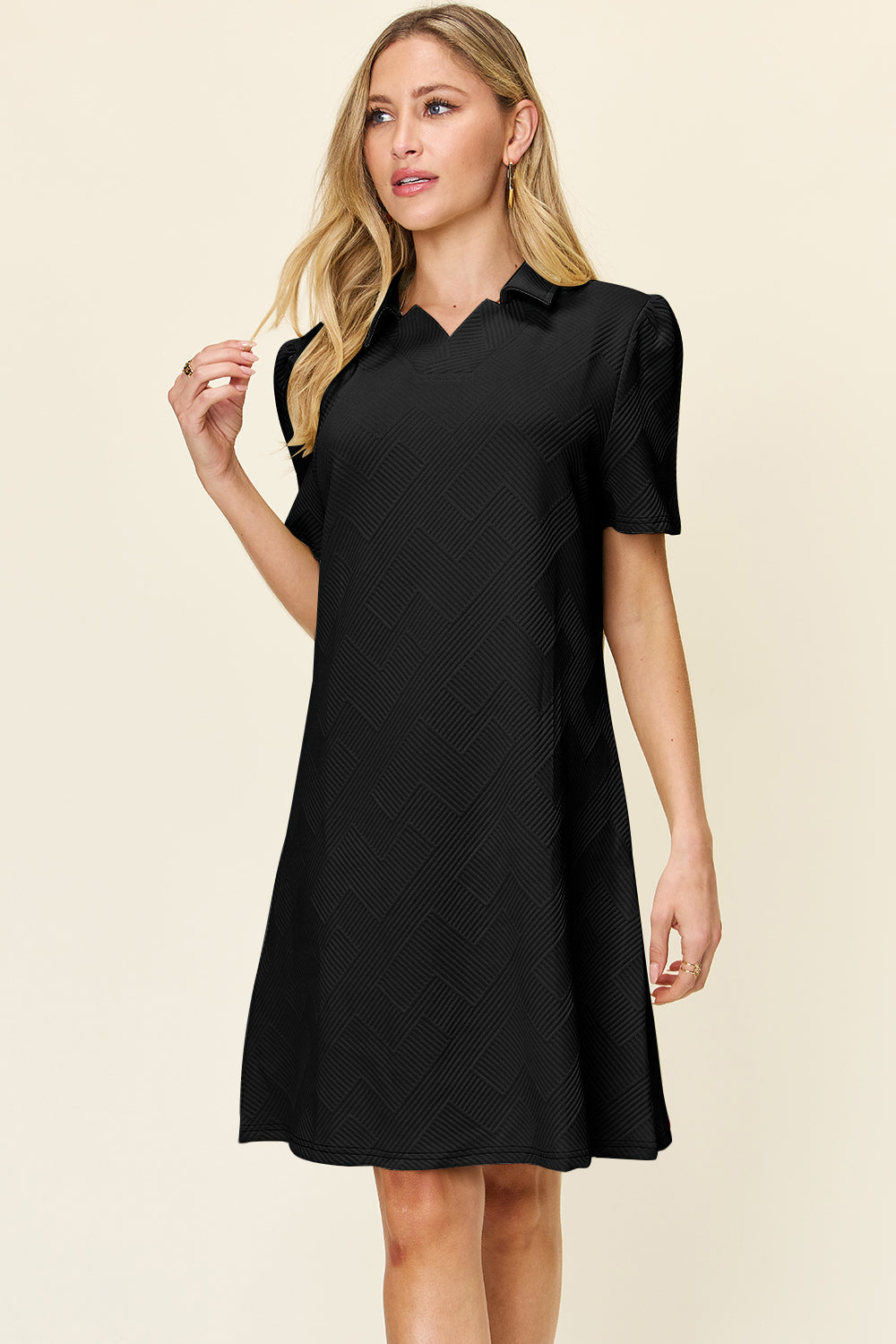 Double Take Full Size Texture Collared Neck Short Sleeve Dress Textured Dress For Women by Stevvex