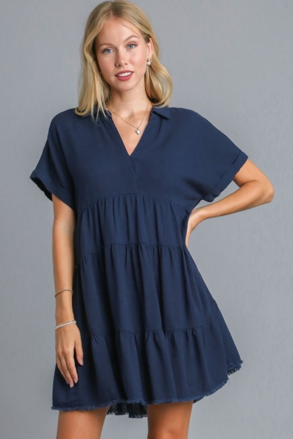 Women Dark Navy Full Size Raw Hem Folded Sleeve Dress Casual Plus Size Simple Dress by Stevvex