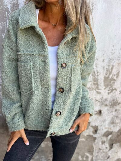 Comfortable Modern Women Full Size Fuzzy Button-Up Jacket with Drop Shoulder and Pockets by Stevvex