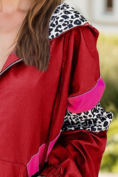 Colorful Women's Leopard Print Zip-Up Hooded Jacket Trendy Long Sleeve Outerwear with Pockets by Stevvex