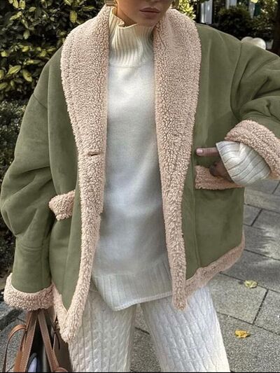 Fuzzy Collared Neck Long Sleeve Jacket with Buttoned Closure and Cozy Pockets by Stevvex