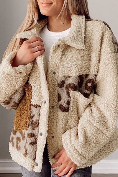Comfortable Leopard Print Sherpa Jacket with Collared Neck And Functional Pockets Soft Women Jacket by Stevvex