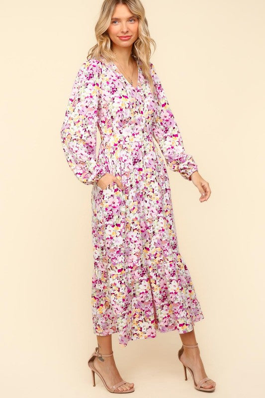 Lilac Full Size Floral V-Neck Long Sleeve Dress With Side Pockets Elegant & Practical Dress by Stevvex