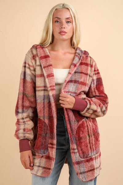 Colorful Fuzzy Plaid Long Sleeve Hooded Jacket Warm & Trendy Outerwear for Cold Days by Stevvex
