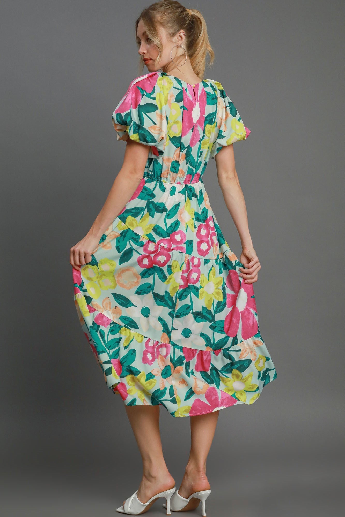 Colorful Full Size Floral Print Puff Sleeve Midi Dress Plus Size Elegant & Feminine Romantic Long Dress