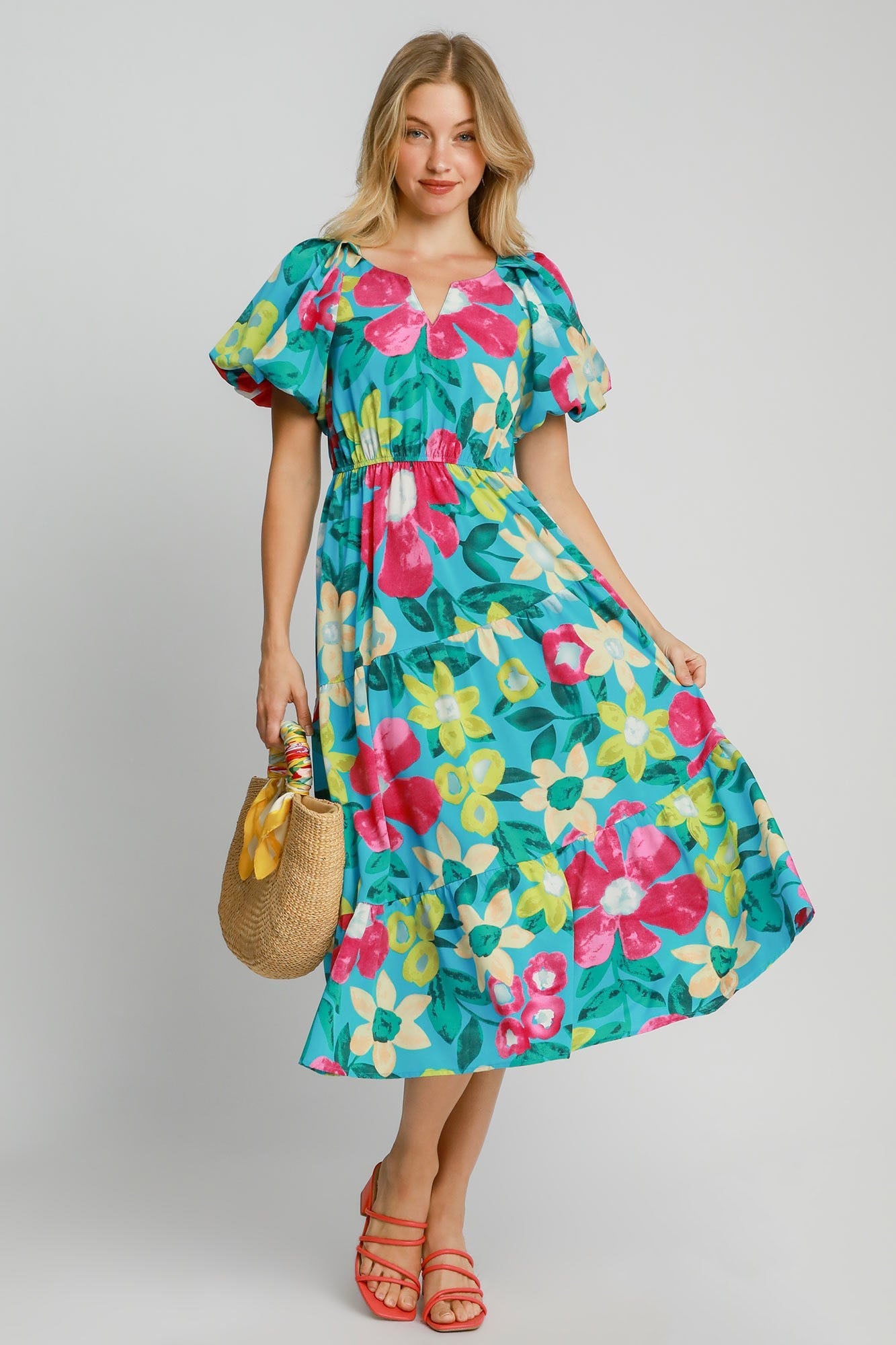 Beautiful Full Size Floral Print Puff Sleeve Midi Dress Plus Size Trendy & Chic Dress Modern Design by Stevvex