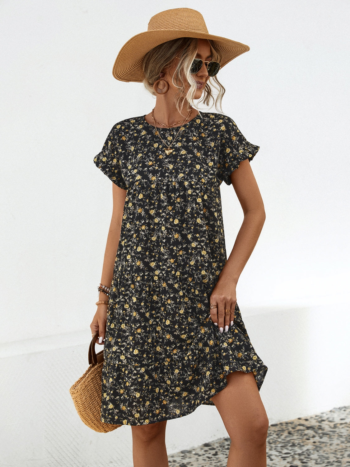 Floral Round Neck Short Sleeve Dress Elegant & Effortless Everyday Style Women Dress by Stevvex