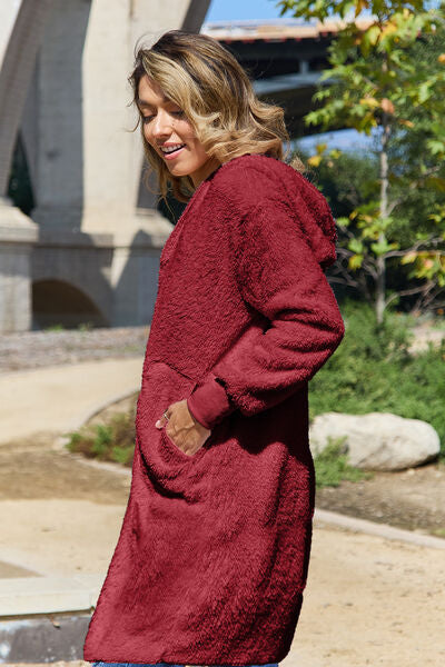 Red Double Take Full Size Hooded Teddy Bear Jacket with Thumbholes Ultra-Cozy & Stylish Comfortable Outerwear by Stevvex