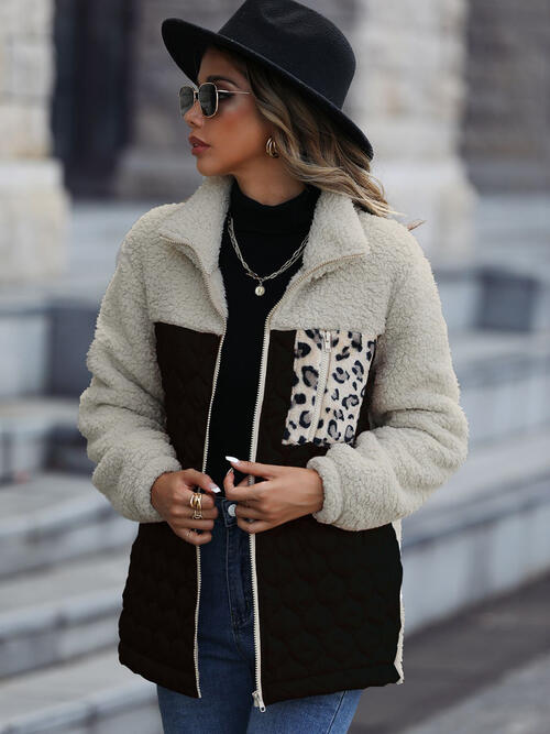 Unique Autumn Leopard Color Block Zip-Up Jacket Trendy Lightweight Jacket with Pockets Charming Winter Jacket by Stevvex