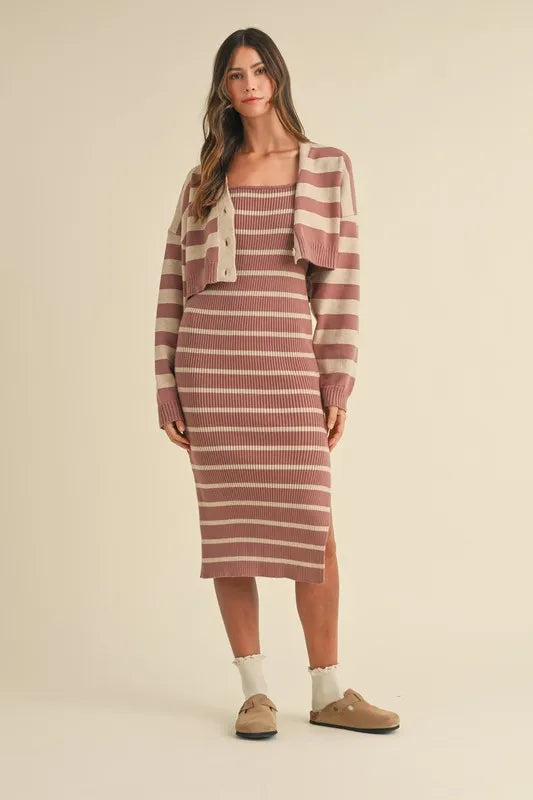 Stripe Crop Cardigan and Bodycon Dress Sweater Set – Two-Piece Knit Set, Striped Crop Cardigan Dress, Cozy Sweater Dress Set, Chic Layered Knit Outfit