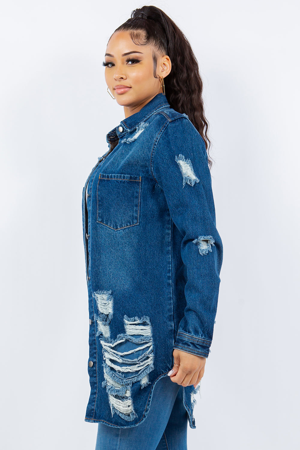 American Dark Blue Bazi Distressed Button Up Long Sleeve Jacket Trendy Buttoned Jacket with Distressed Finish for Women by Stevvex