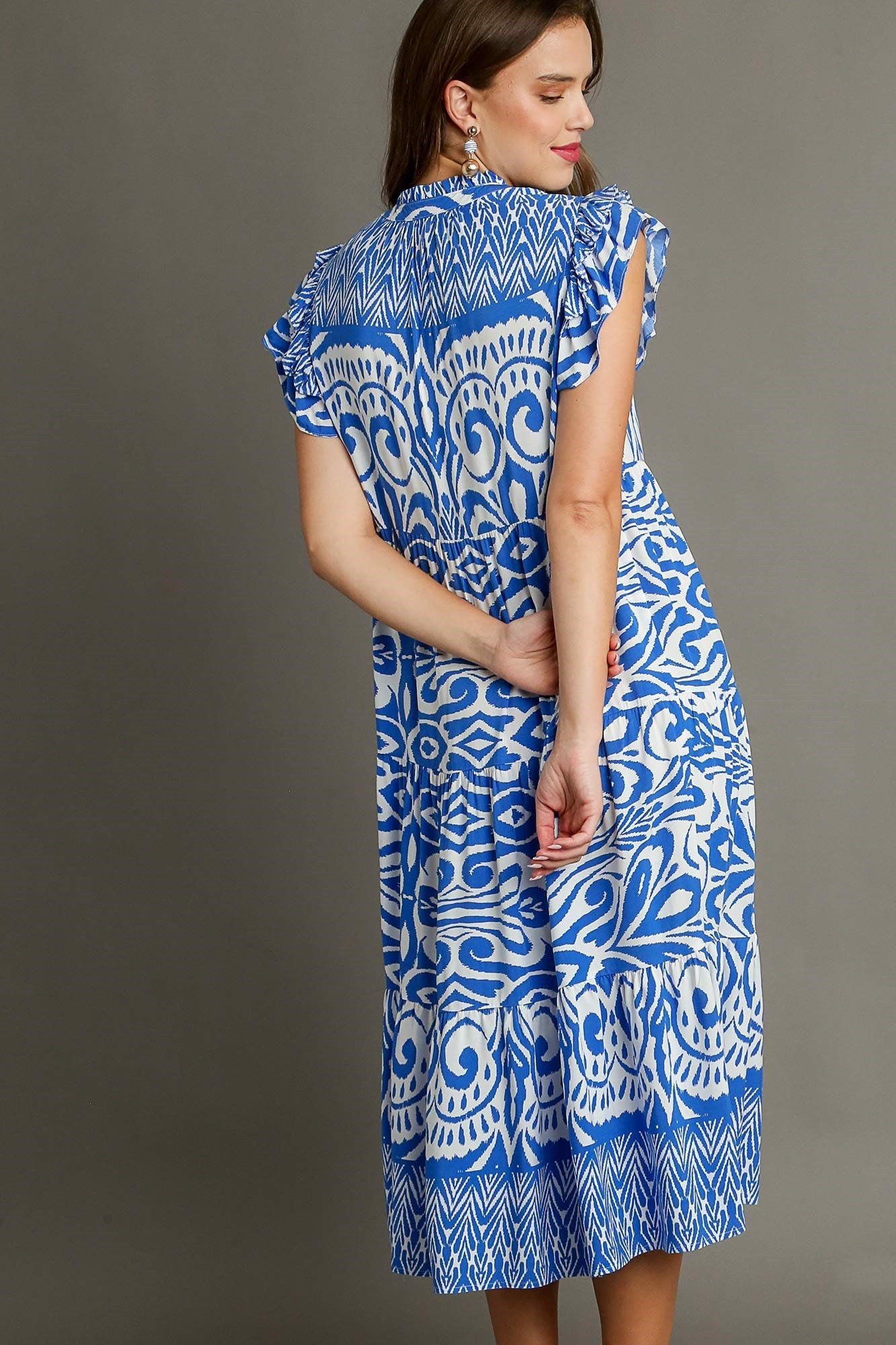 Blue Full Size Two-Tone Print Ruffle Cap Sleeve Midi Dress Plus Size Statement Piece Dress by Stevvex