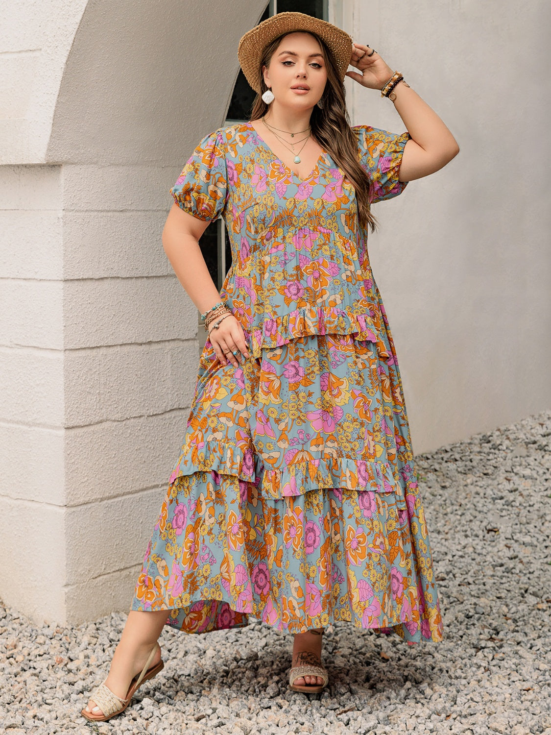 Plus Size Printed V-Neck Short Sleeve Maxi Dress Elegant & Flowy Summer Dress For Girls by Stevvex