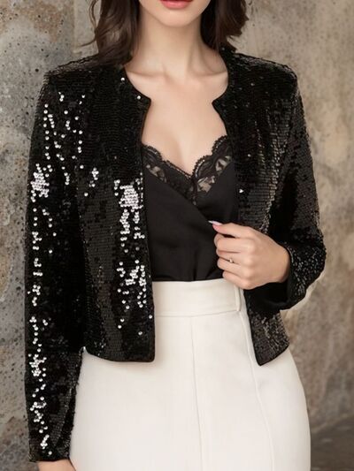Elegant Women Full-Size Sequin Open Front Cropped Jacket With Glamorous Sparkle Luxury Women Party Jacket by Stevvex