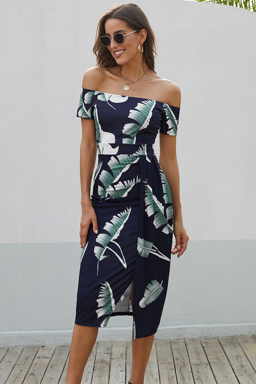 Charming Printed Off-Shoulder Midi Dress with Slit Classy & Feminine Look by Stevvex