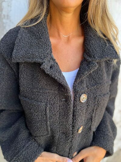 Comfortable Modern Women Full Size Fuzzy Button-Up Jacket with Drop Shoulder and Pockets by Stevvex