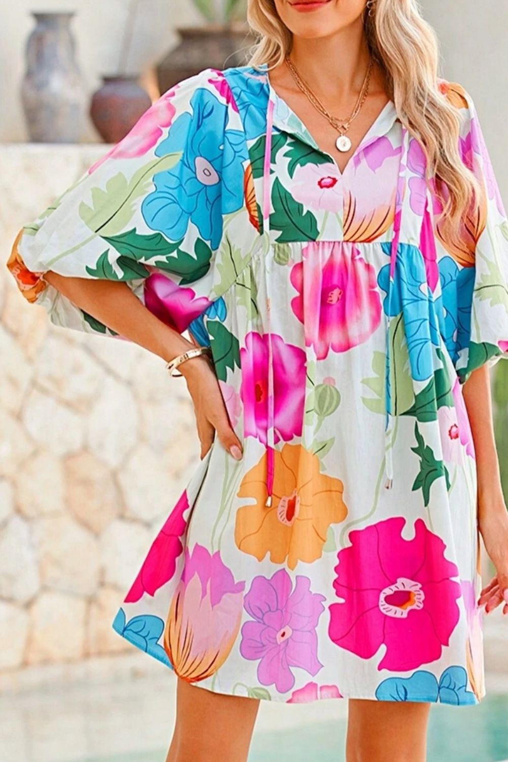 Modern Floral Print Tie Neck Dress Elegant & Timeless Colorful Dress by Stevvex