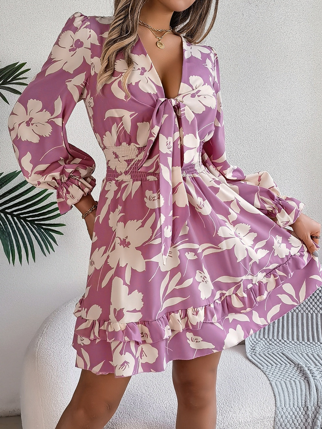 Feminine Lilac Ruffled Printed Long Sleeve Dress Summer Cute Midi Dress by Stevvex