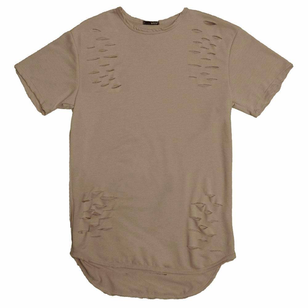 Taupe Distressed Tee for Men with Scissor Cuts