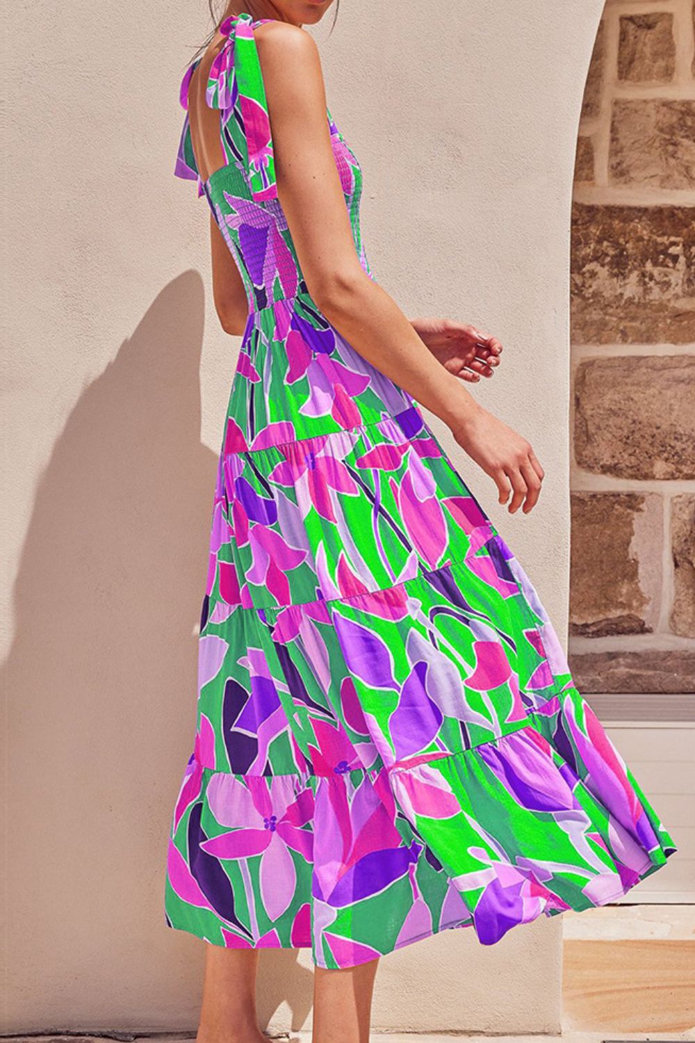 Long Floral Tie-Shoulder Smocked Midi Dress Perfect For Vacation & Summer Days by Stevvex
