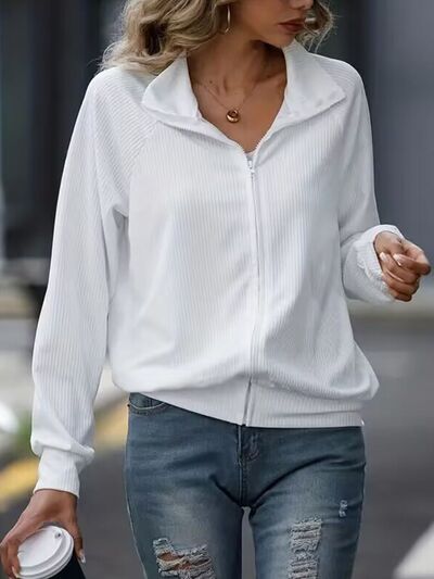 Simple White Zip Up Collared Neck Raglan Sleeve Jacket Comfortable Versatile Casual Women Wear by Stevvex