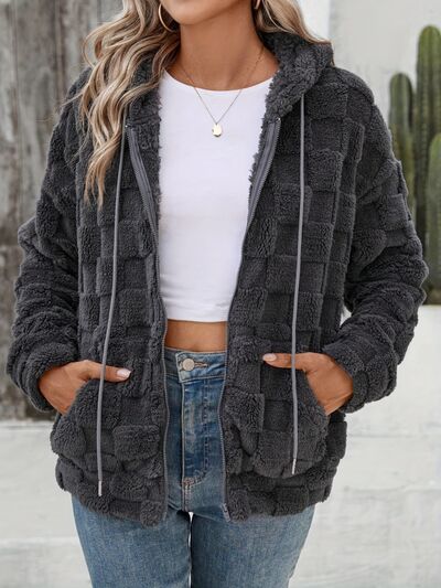 Dark Gray Women Checkered Pattern Jacket Comfy Textured Zip-Up Drawstring Fuzzy Jacket by Stevvex