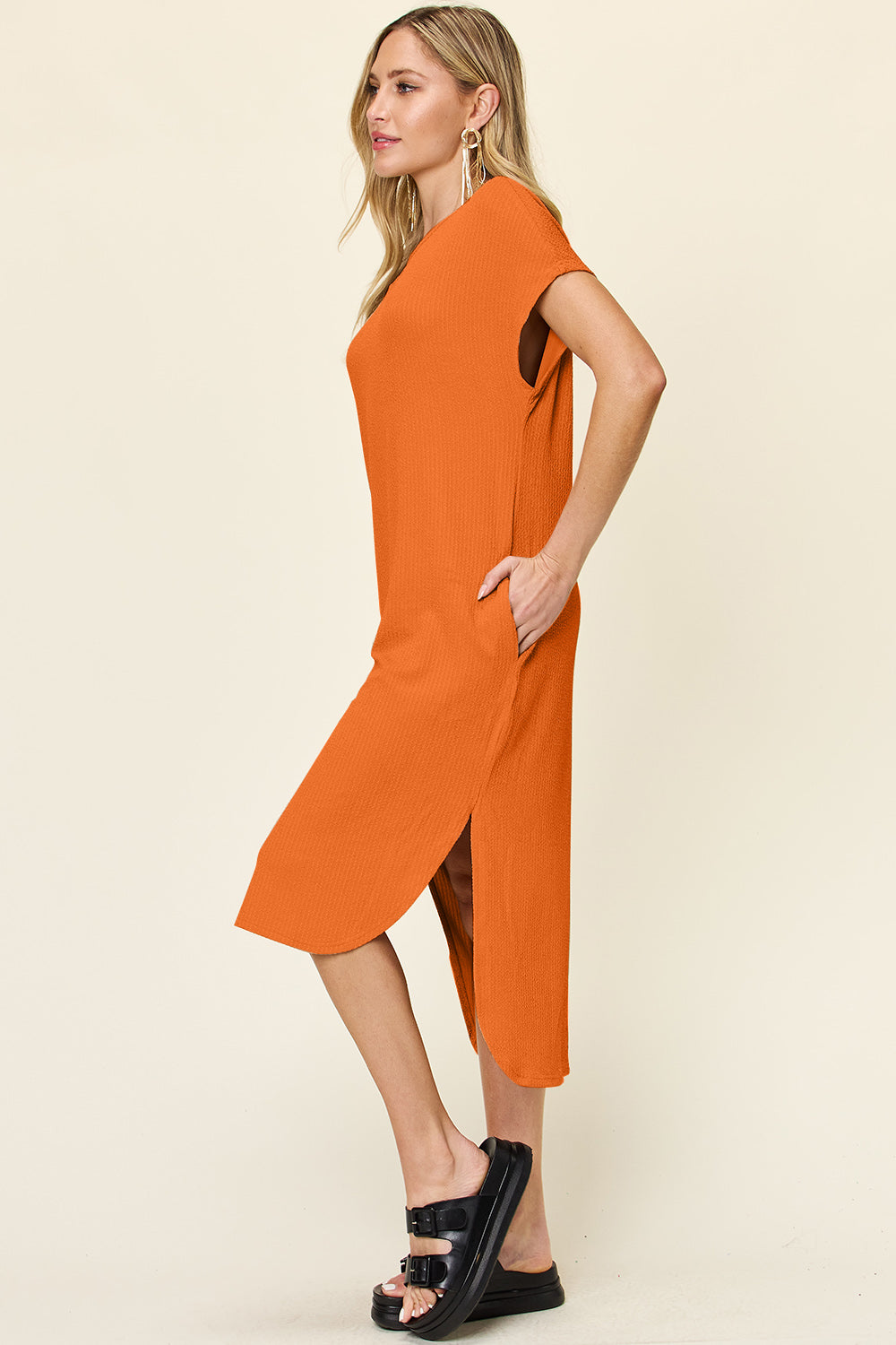 Double Take Full Size Round Neck Short Sleeve Slit Dress Stylish & Comfortable Casual Dress by Stevvex