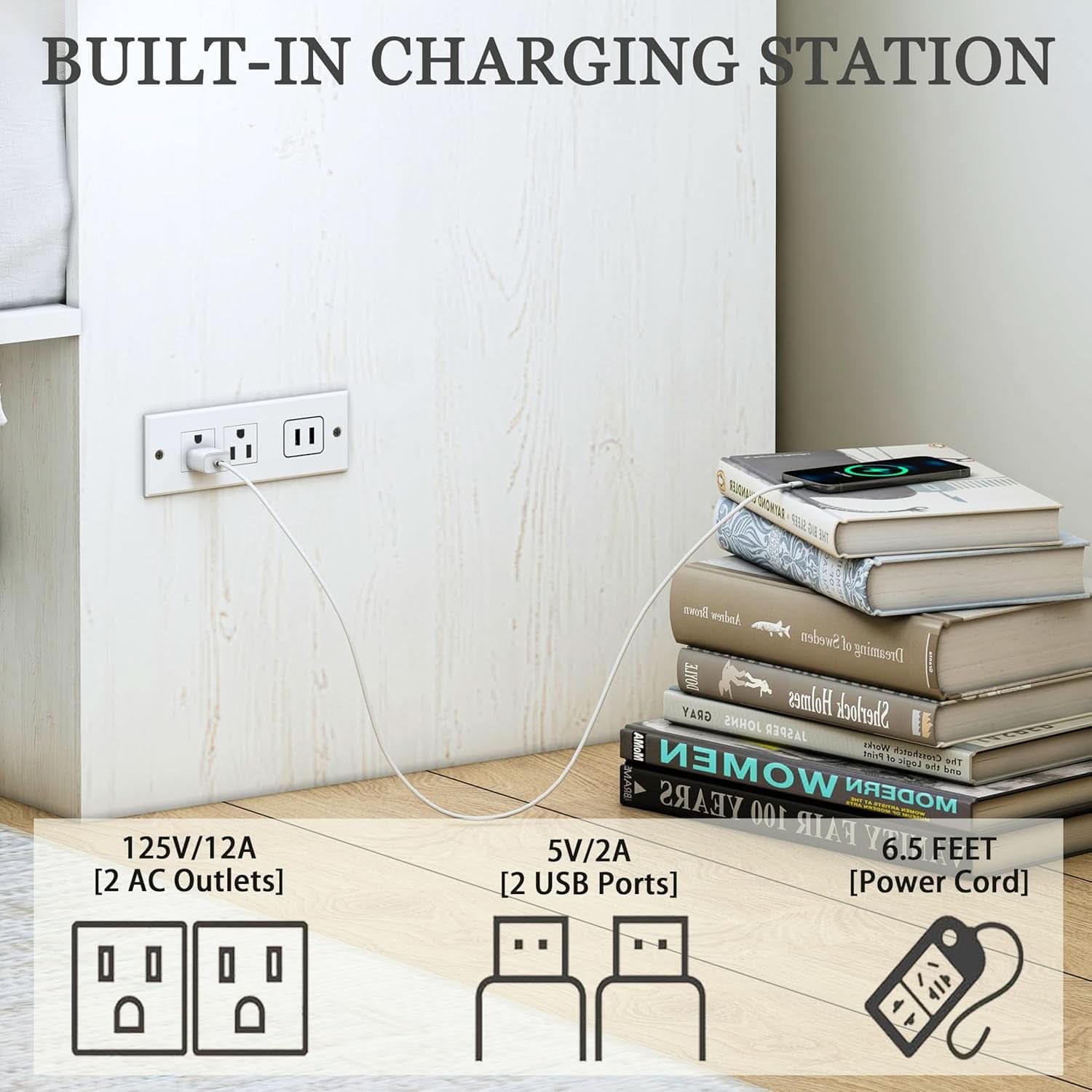 Queen Murphy Bed Frame with Charging Station Design