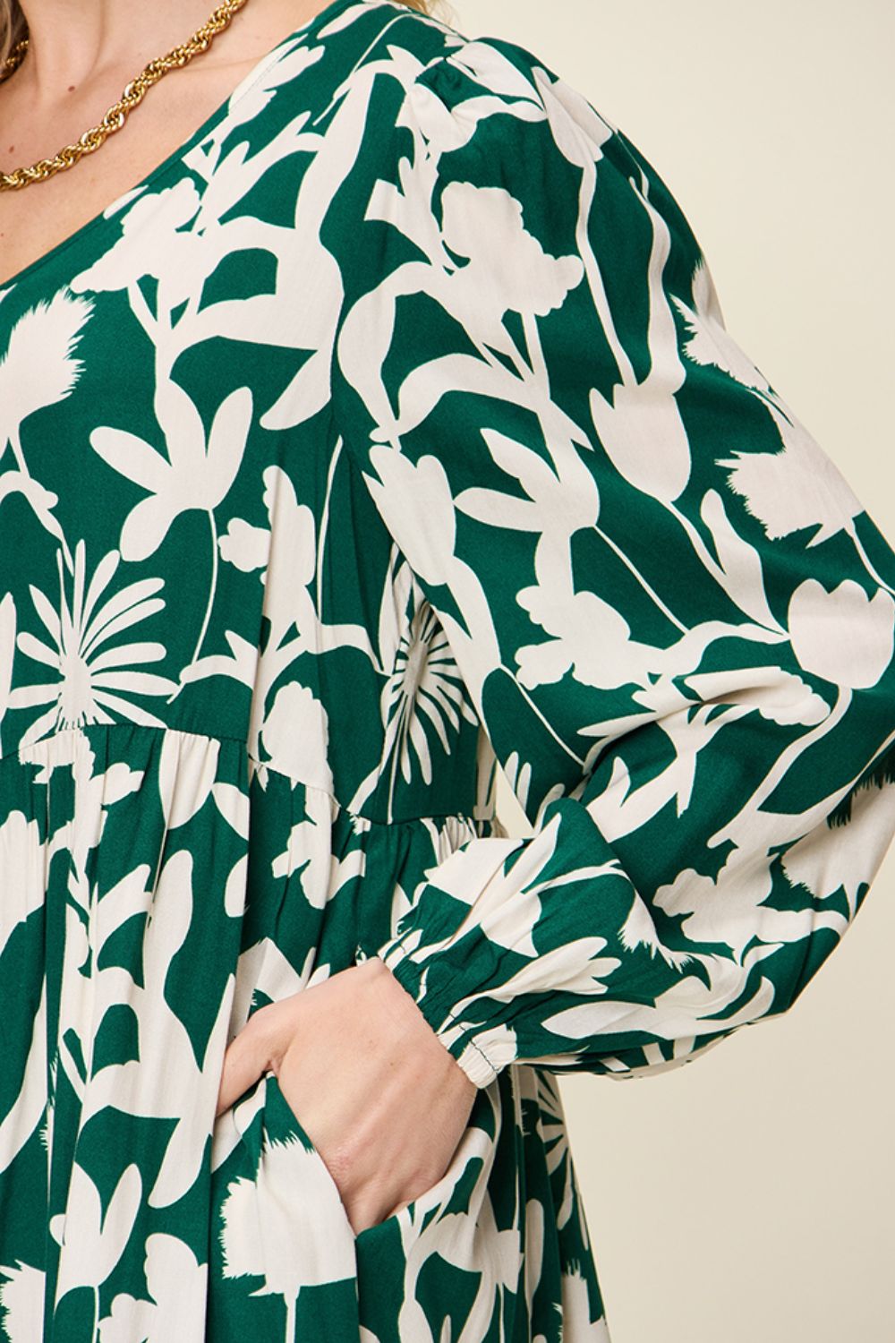 Double Take Full Size Printed Ruffle Hem Dress with Pocket Stylish & Functional Women Dress