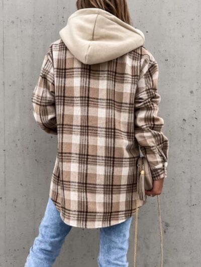 Vintage Retro Style Women Camel Plaid Button Up Jacket with Removable Hood Classic & Cozy Everyday Wear by Stevvex