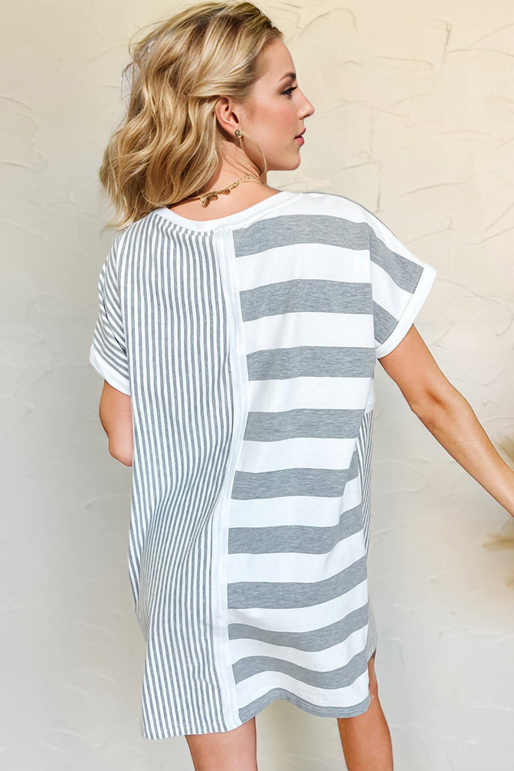 Gray Full Size Striped Round Neck Short Sleeve Mini Tee Dress Casual & Everyday Wear by Stevvex