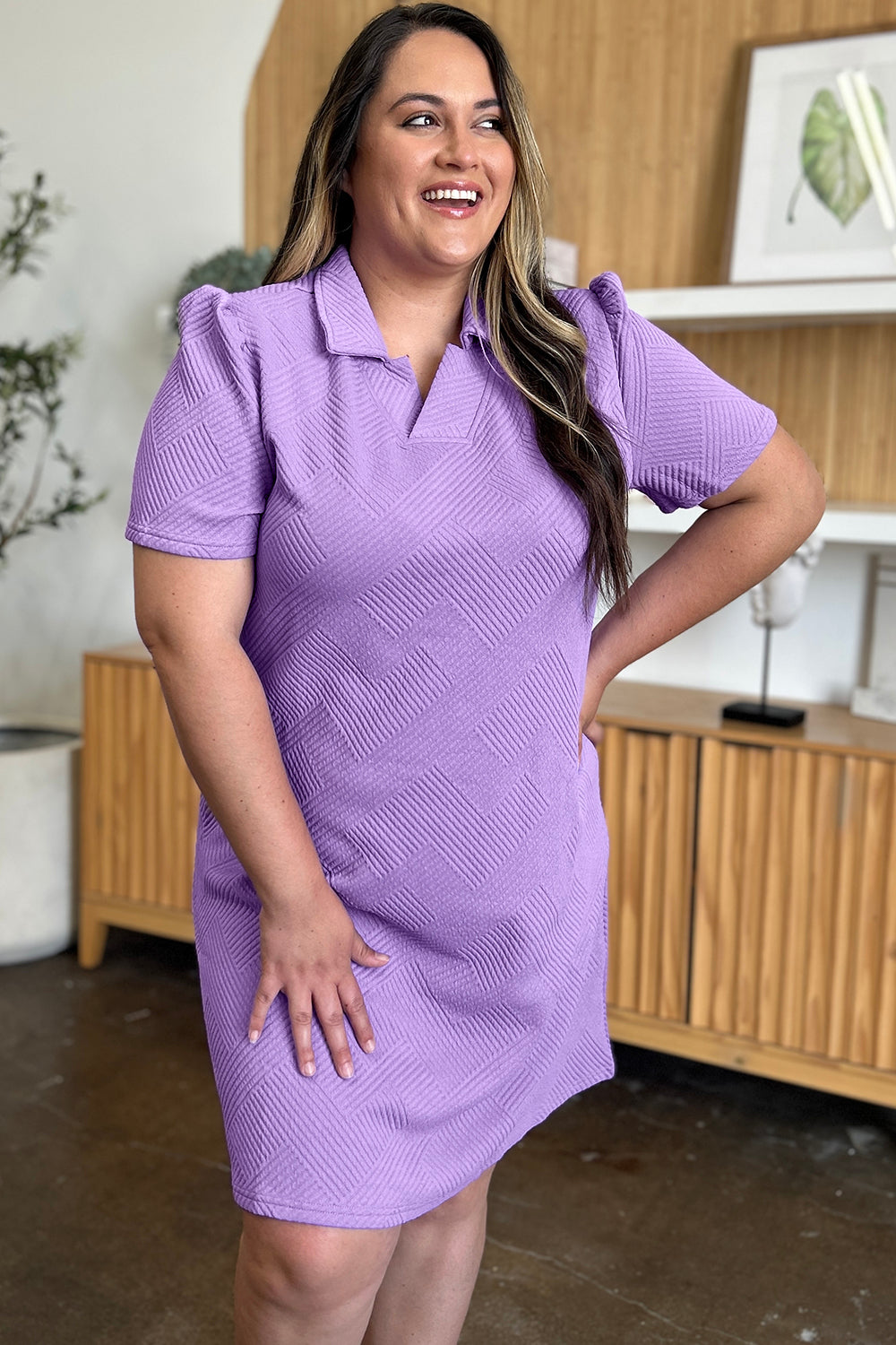 Double Take Full Size Texture Collared Neck Short Sleeve Dress Textured Dress For Women by Stevvex