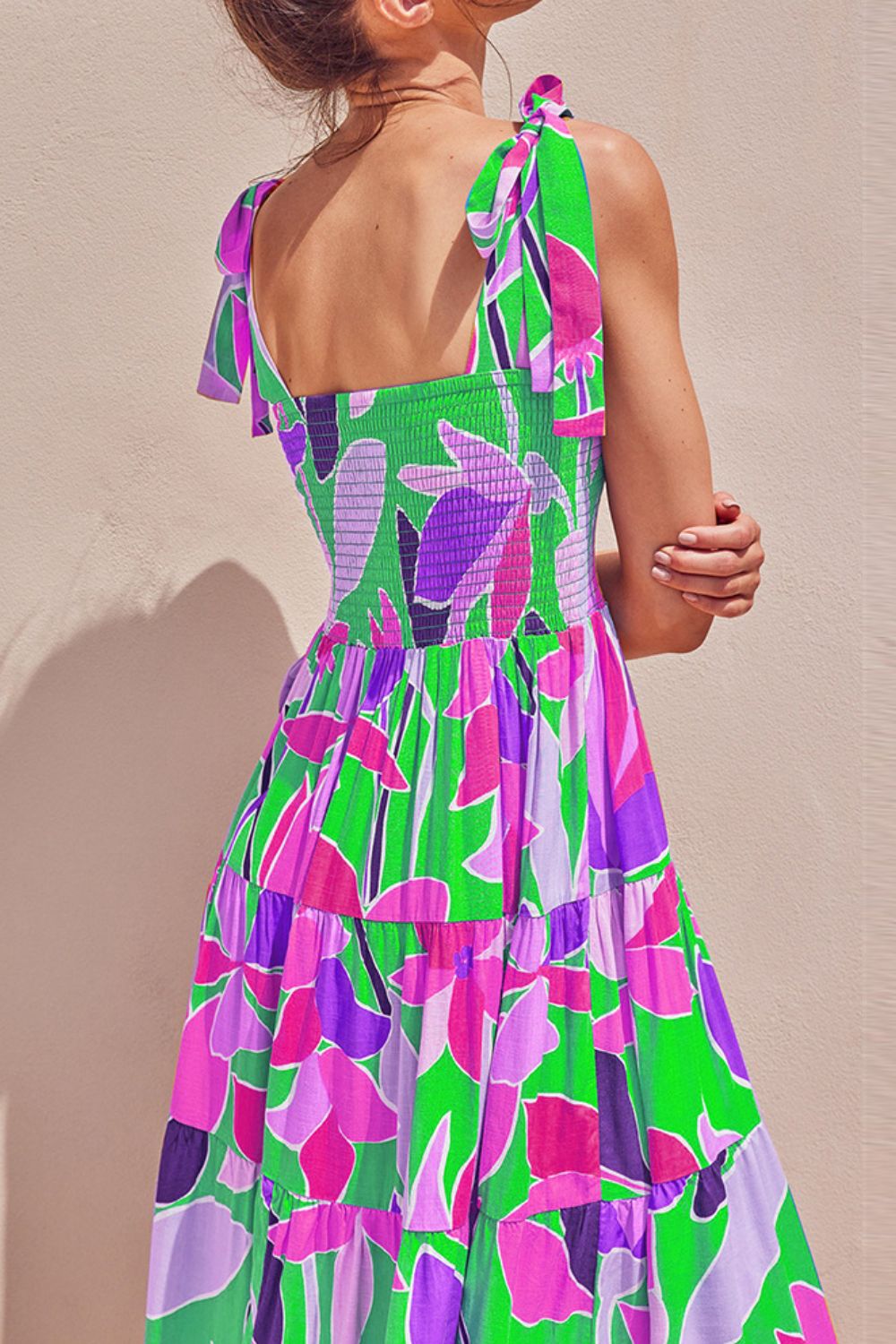 Long Floral Tie-Shoulder Smocked Midi Dress Perfect For Vacation & Summer Days by Stevvex