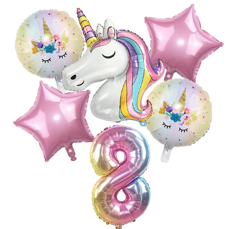 6pcs Rainbow Unicorn Balloon And 32 inch Number Foil Balloons For Kids Unicorn Theme Birthday Party Decorations Baby Shower Girl Party Birthday Decoration