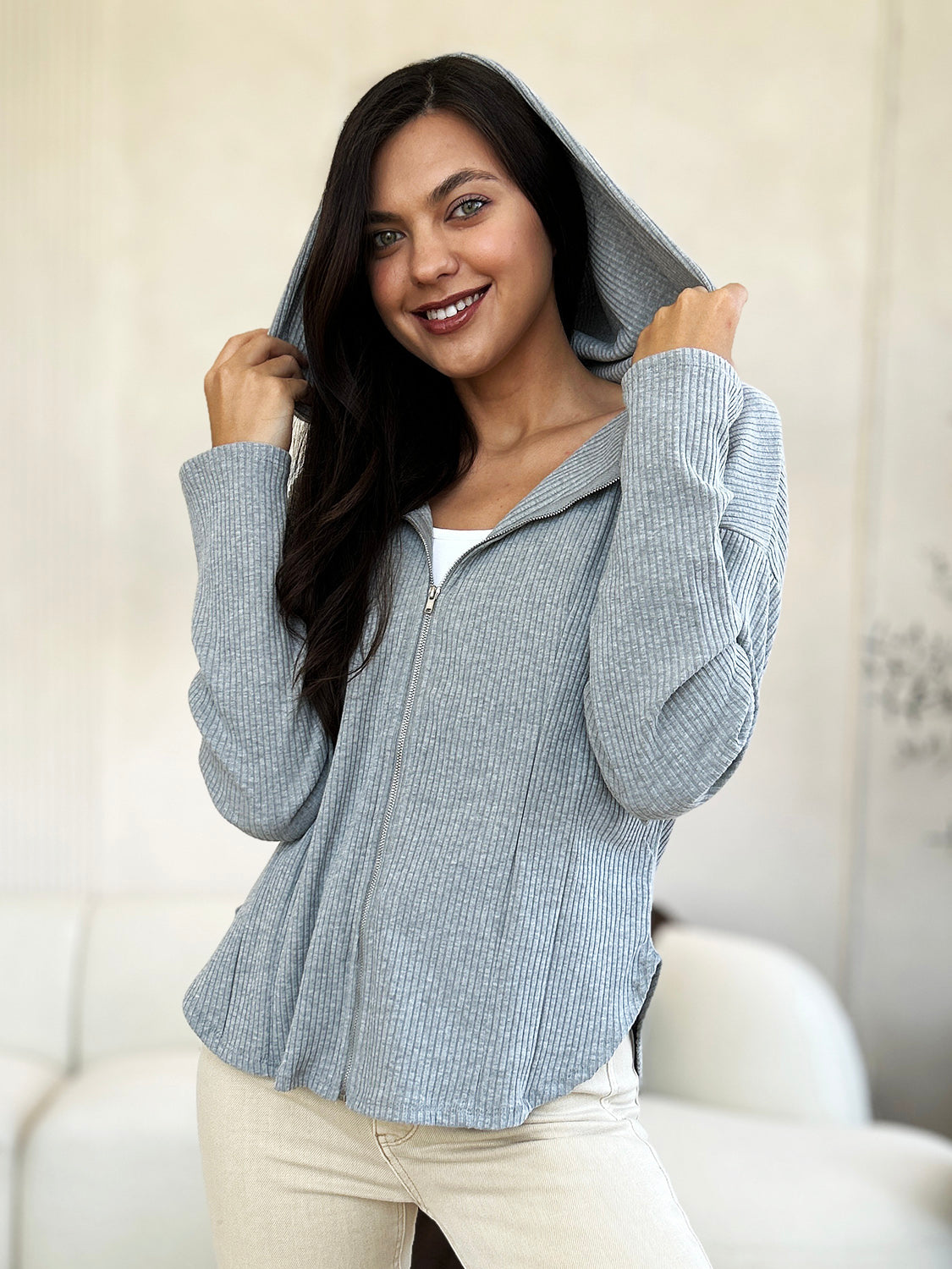 Culture Code Full Size Ribbed Zip Up Drawstring Hooded Jacket Women Trendy Jacket With Adjustable Hood For Women by Stevvex