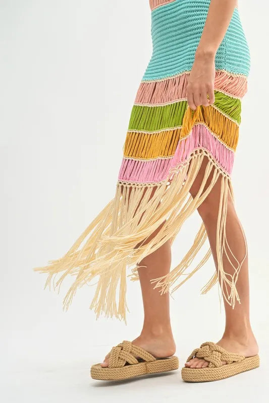 Multi Color Fringed Crochet Knit Dress For Women – Crochet Knit Dress, Fringed Dress, Multi-Color Dress, Bohemian Knit Dress, Festival Dress