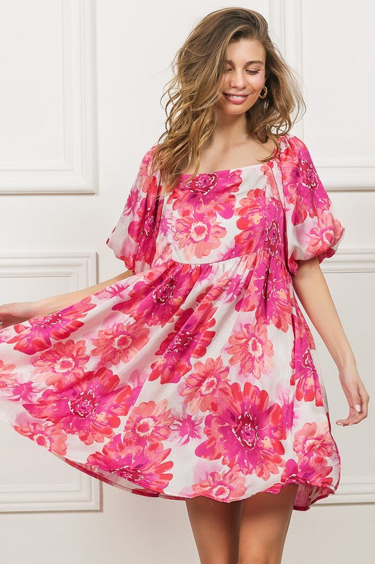 New Summer Floral Square Neck Puff Sleeve Mini Dress For Women, Vintage-Inspired Charm, Romantic Floral Print, Feminine Puff Sleeves for Casual & Dressy Occasions by Stevvex