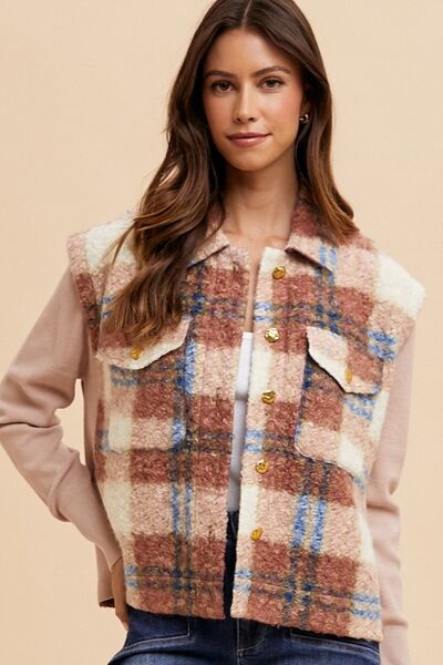 Women Brown Faux Fur Plaid Button-Up Jacket Soft Jacket For Girls Jacket With Closure by Stevvex