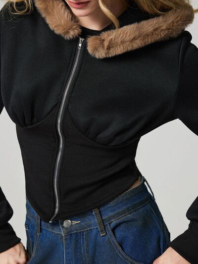 Black Fuzzy Hem Hooded Zip-Up Jacket With Long Sleeves and Casual Style Jacket by Stevvex