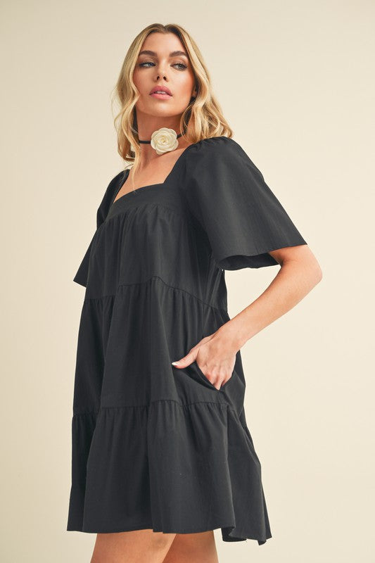 Square Neck Half Sleeve Tiered Summer Dress For Women–Elegant & Flattering with Ruched Detail & Chic Tiered Design by Stevvex